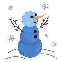Snowman blue with carrot nose and twigs hands. Symbol of winter and New Year, Christmas. Flat isolated illustration. vector