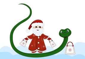 Santa Claus with gift bags and symbol of the year green snake. color illustration with design elements for New Year and Christmas. vector