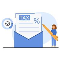 Financial planning concept with tax form. Taxes illustration. Characters using pen to fill tax declaration form vector
