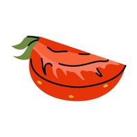 Doodle strawberry illustration, split into half view with focus on pulp and leaves vector