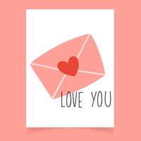 Happy Valentines day postcard with hand written quote and closed envelope with heart vector
