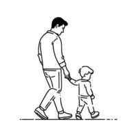 Walking Hand in Hand Of A Dad and Child In Simple Black And White Art Line Illustration vector