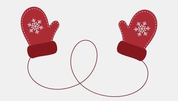 Red mittens on a rope with snowflake pattern. Warm accessory for winter. Decorative element for Christmas design. vector