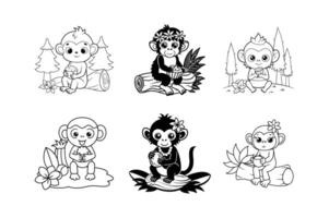 a coloring page of a tiny baby monkey and eating on a coconut vector