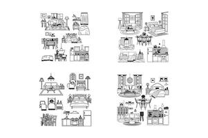 a scene of a bedroom with a bed, a nightstand, and a lamp vector