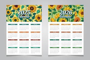 Calendar 2025 and 2026 design template with abstract sunflower background vector