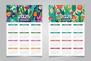 Calendar 2025 and 2026 design template with cactus and flower background vector