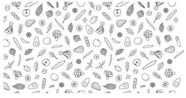 Seamless background pattern of organic farm fresh fruits and vegetables. Outline style doodle design. black and white vector