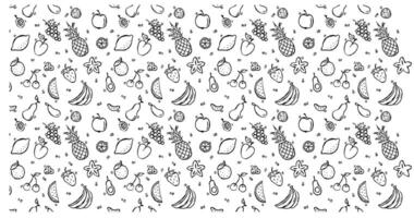 fresh fruits Seamless background pattern of organic farm fruits. Outline thin line style doodle design. Green and white vector