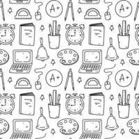 Seamless pattern with school items - notebooks, textbooks, laptop, alarm clock, drawing compass, pins. hand-drawn doodle illustration. Perfect for print, wallpaper, decorations. vector