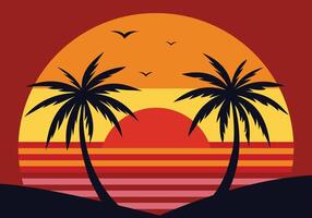 Illustration of sunset with the palms on colorful background vector