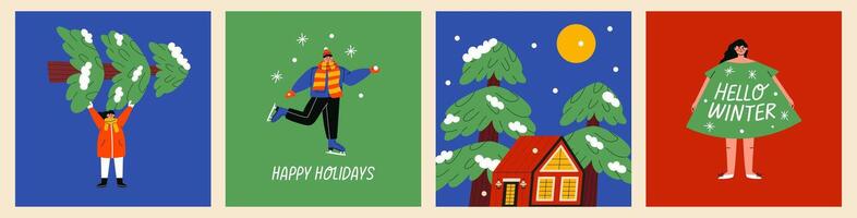 Set of Christmas and New Year cards with characters. Colorful winter illustrations with People and Christmas trees. vector