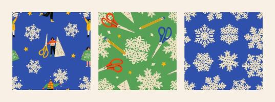 Winter seamless pattern set. Paper snowflakes and people. Paper snowflake cutting colorful pattern. Trendy flat illustration. vector