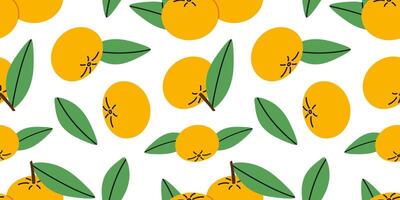 Seamless pattern with tangerines and leaves. Modern print with oranges. Citrus tropical fruits background. Summer design. vector