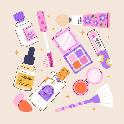 Set of various cosmetics. Make up and skin care products. decorative cosmetics, facial cleansers. Flat illustration.