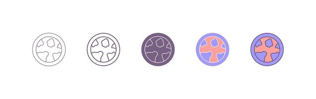 Black line icon of earth, world, globe, and planet. earth icon with five different styles vector