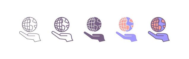 Isolated black outline icon of planet, earth in hands on white background. Line icon of globe and hands. vector