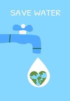 Save water campaign blue faucet with earth heart water drop on light background vector