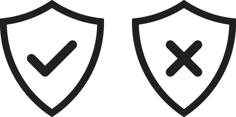 Shield with tick and cross icons isolated on white background . Shield with checkmark and x cross mark icon