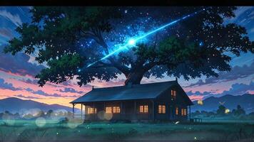 A large, majestic tree with glowing lights stands behind a charming, two-story house in a serene, grassy landscape under a starry sky with a shooting star. The scene is tranquil and magical video