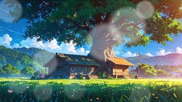 A large, majestic tree with glowing lights stands behind a charming, two-story house in a serene, grassy landscape under a starry sky with a shooting star. The scene is tranquil and magical video