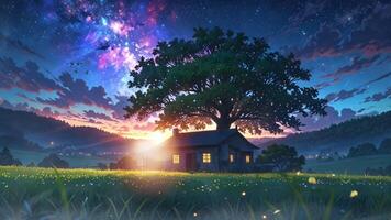 une grand, majestueux arbre avec embrasé lumières des stands derrière une charmant, à deux étages maison dans une serein, herbeux paysage en dessous de une étoilé ciel avec une tournage étoile. le scène est tranquille et magique video