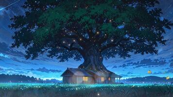 A large, majestic tree with glowing lights stands behind a charming, two-story house in a serene, grassy landscape under a starry sky with a shooting star. The scene is tranquil and magical video