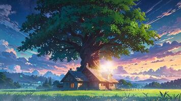 A large, majestic tree with glowing lights stands behind a charming, two-story house in a serene, grassy landscape under a starry sky with a shooting star. The scene is tranquil and magical video