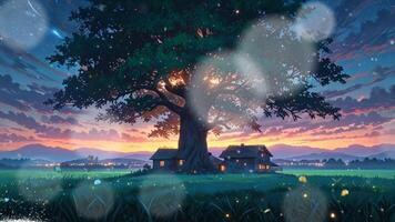 A large, majestic tree with glowing lights stands behind a charming, two-story house in a serene, grassy landscape under a starry sky with a shooting star. The scene is tranquil and magical video
