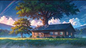 A large, majestic tree with glowing lights stands behind a charming, two-story house in a serene, grassy landscape under a starry sky with a shooting star. The scene is tranquil and magical video