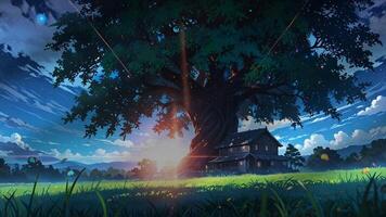 A large, majestic tree with glowing lights stands behind a charming, two-story house in a serene, grassy landscape under a starry sky with a shooting star. The scene is tranquil and magical video