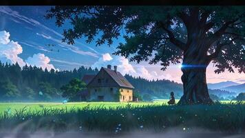 A large, majestic tree with glowing lights stands behind a charming, two-story house in a serene, grassy landscape under a starry sky with a shooting star. The scene is tranquil and magical video
