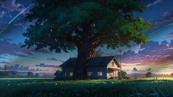 A large, majestic tree with glowing lights stands behind a charming, two-story house in a serene, grassy landscape under a starry sky with a shooting star. The scene is tranquil and magical video