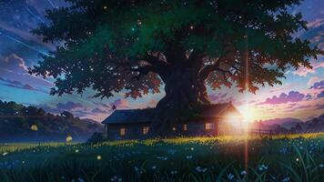 A large, majestic tree with glowing lights stands behind a charming, two-story house in a serene, grassy landscape under a starry sky with a shooting star. The scene is tranquil and magical video