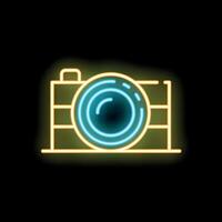 Neon sign representing a photo camera shining on a black background vector