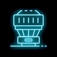 Neon icon of camera lens glowing on dark background vector