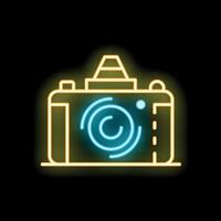 Neon camera shining in the dark representing photography vector