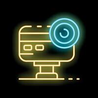 Neon icon of computer monitoring system showing camera lens vector