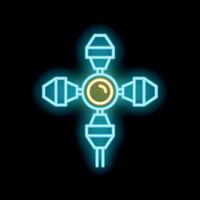 Neon satellite icon glowing on dark background representing space exploration vector