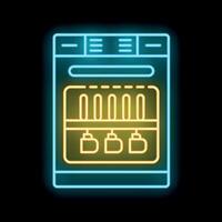 Neon sign of a vending machine offering a variety of snacks and beverages on a black background vector