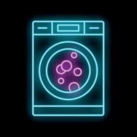 Glowing neon line washing machine representation showing bubbles inside on black background vector
