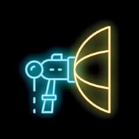 Glowing neon icon of a photography studio flash with softbox for professional lighting setup vector