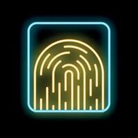 Yellow neon fingerprint glowing on a black background, symbolizing digital security and identity vector