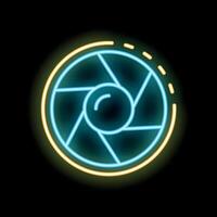 Neon icon of camera shutter glowing on dark background vector