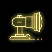Neon yellow snow cannon standing on a platform glowing on black background vector