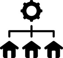 A black and white icon of a gear and houses vector