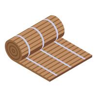 Rolled mat unrolling, revealing wooden texture in isometric view vector
