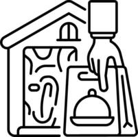 A black and white outline of a house with a hand holding a bag vector