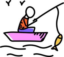 A cartoon man in a boat with a fish vector