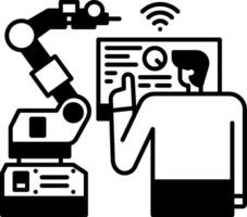 A robot is pointing at a man with a tablet vector